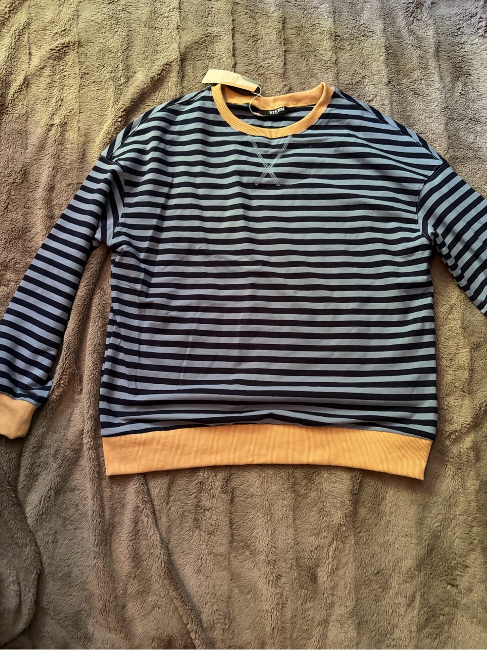 Striped Crewneck Sweater with Contrast Trim - Blue & Mustard